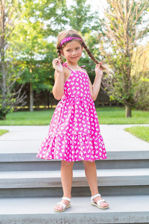 Girls Pink Kitty Cat Print Shoulder Tie Cotton Dress, Sizes 2-14